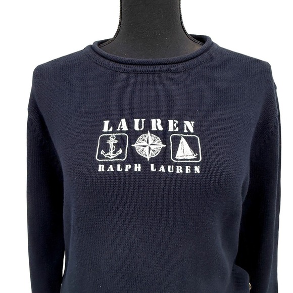 Lauren Ralph Lauren Womens Navy Blue Cotton Sweater Nautical Logo Size L - Picture 3 of 9